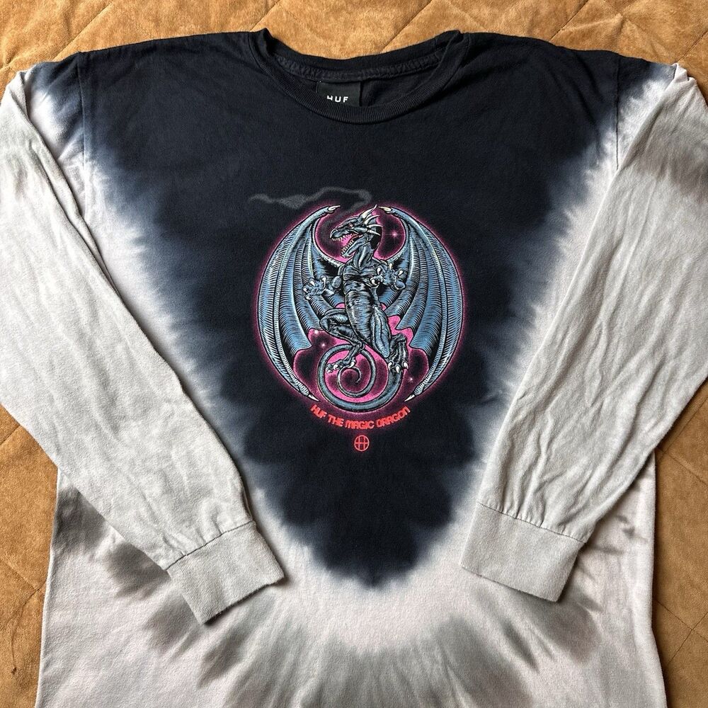 HUF The Magic Dragon Long Sleeve Shirt Mens Medium Black Grey Tie Dye Skate